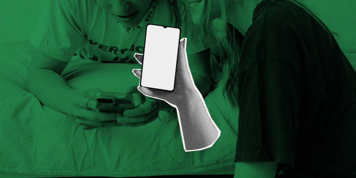 An empty phone is collaged over a green-toned background of two people looking at phones