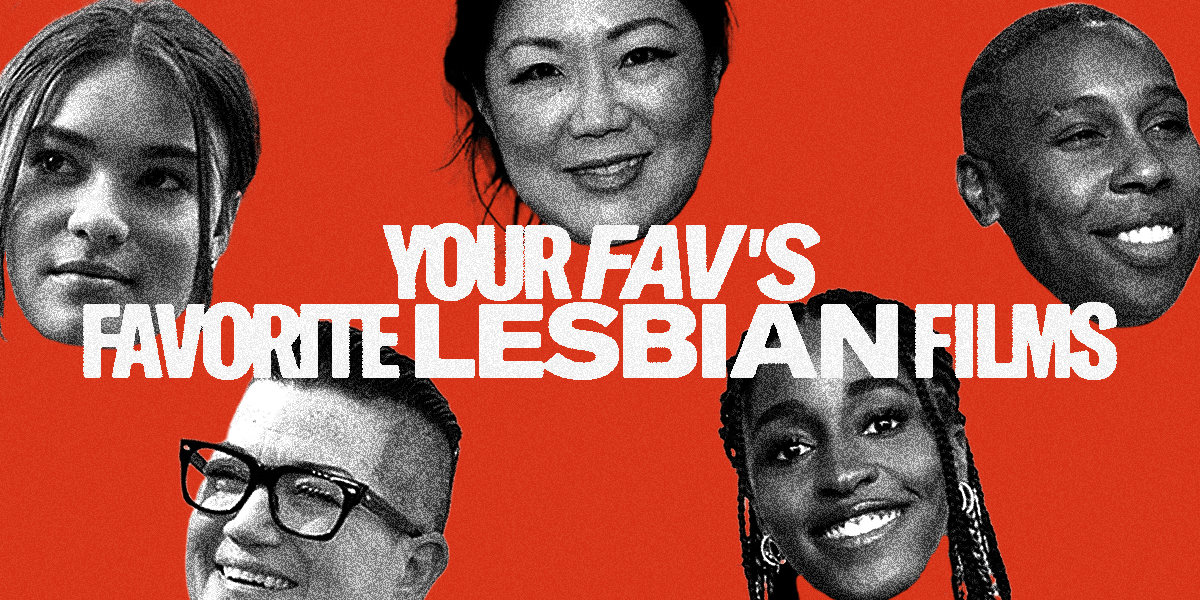 Your Fav's Favorite Lesbian Films against a red background with black and white face images of Devery Jacobs, Margaret Cho, Lena Waithe, Lea DeLaria, and Ayo Edebiri