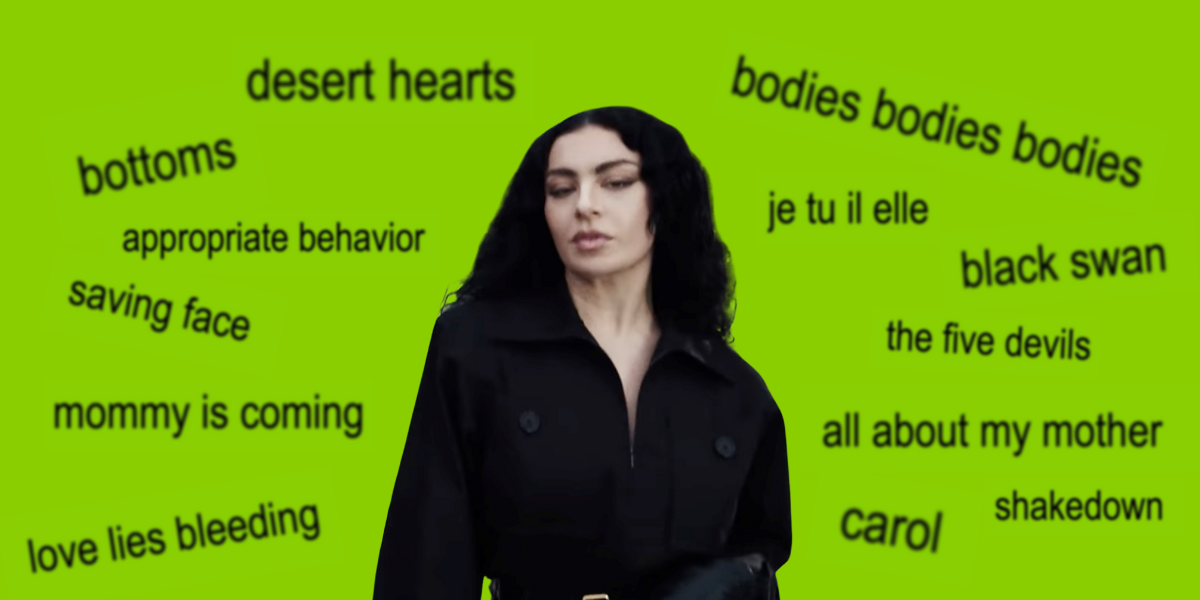 Charli XCX surrounded by the titles of lesbian films