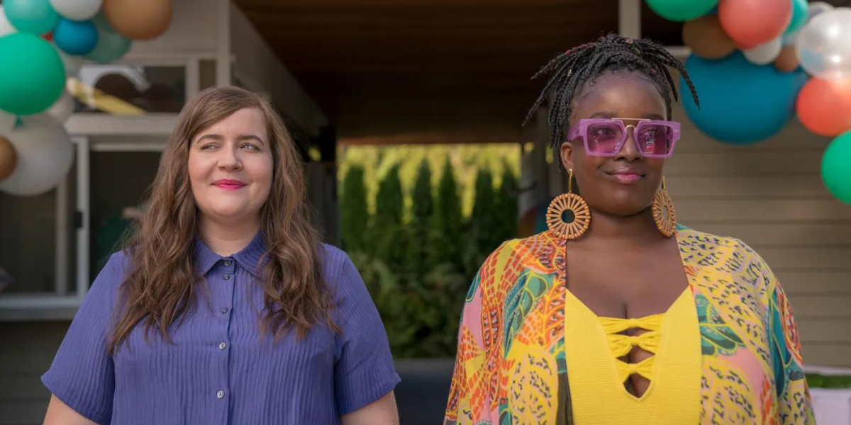 still from the TV show "Shrill" of the girls walking into a pool party