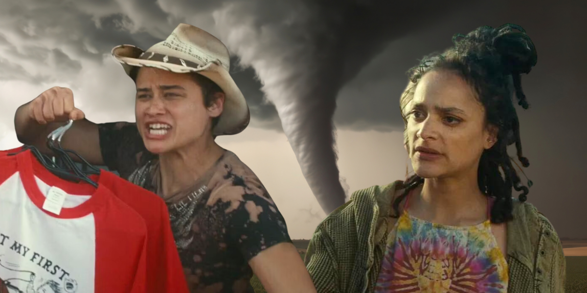 Twisters queer: Katy O'Brian and Sasha Lane photoshopped with a tornado behind them