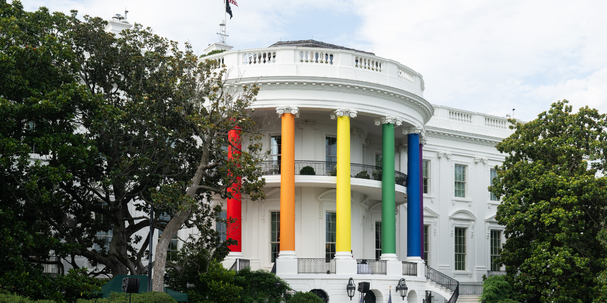 picture of the white house pride set-up // Photo by SAUL LOEB/AFP via Getty Images