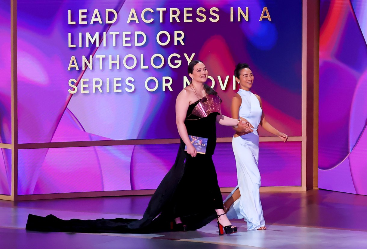 LOS ANGELES, CALIFORNIA - SEPTEMBER 15: (L-R) Lily Gladstone and Greta Lee speak onstage during the 76th Primetime Emmy Awards at Peacock Theater on September 15, 2024 in Los Angeles, California. (Photo by Leon Bennett/WireImage)