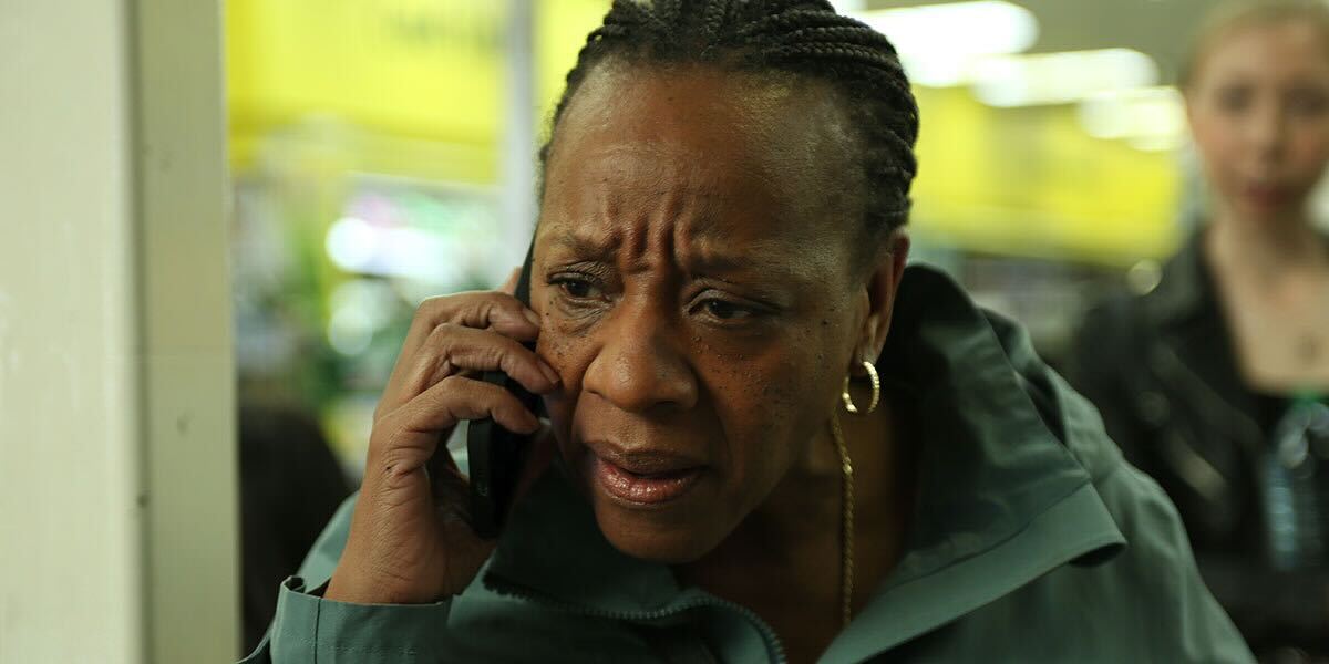 Marianne Jean-Baptiste talks on the phone in Hard Truths