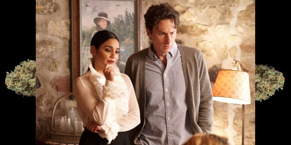 Zach Braff and Vanessa Hudgens in French Girl aka the Zach Braff biphobia movie with an image of pot in the background.