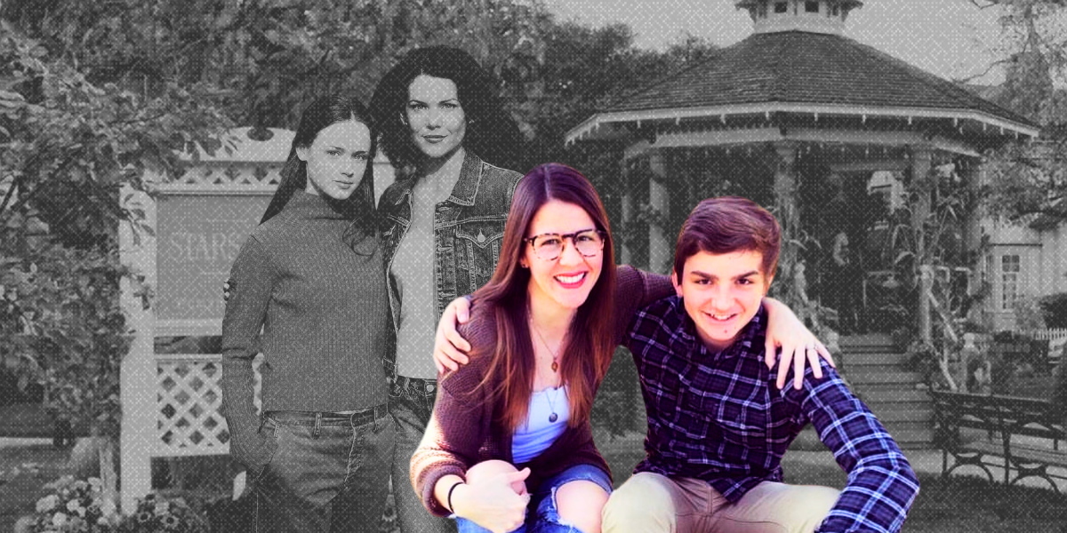 kristen and her son in front of a fuzzy black and white image from the gilmore girls