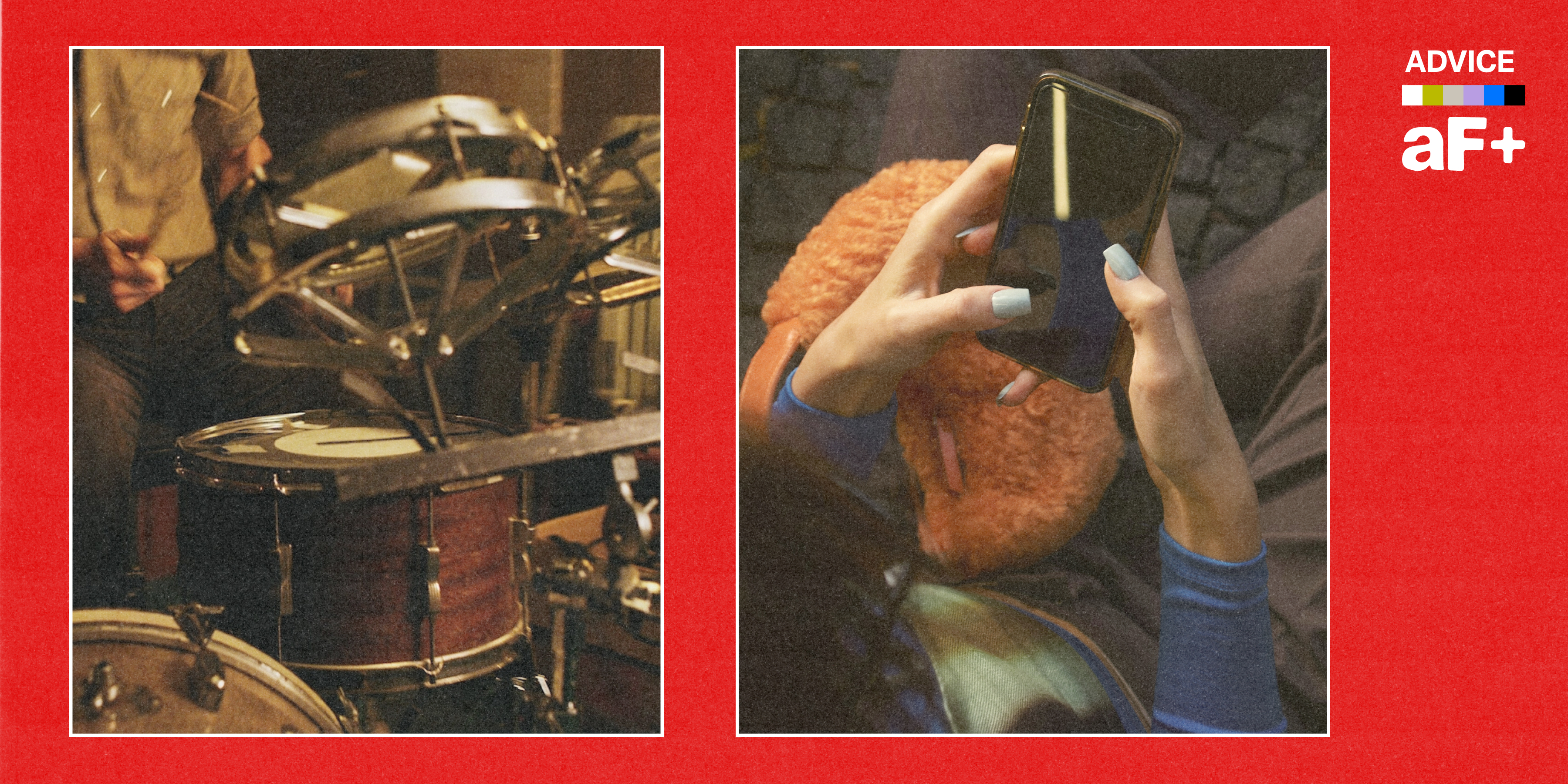 A split collage shows a drum kit on one side, and a person holding a phone on the other.