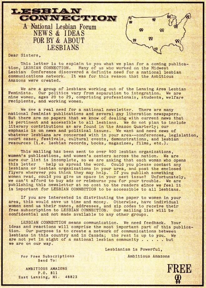 the first flyer mailed out to community announcing Lesbian Connection