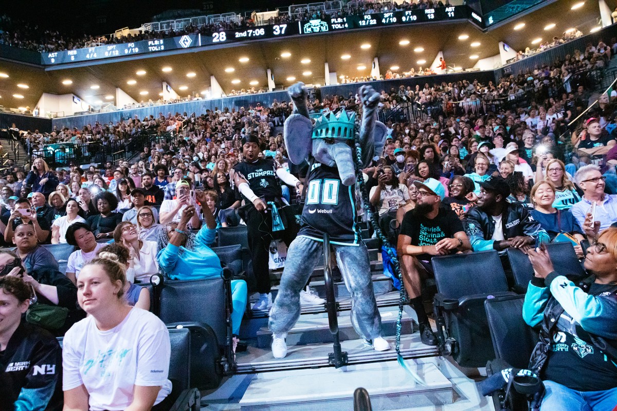 BROOKLYN, NY - September 8: New York Liberty mascot Ellie pumps up the crowd during a game at Barclays Center in Brooklyn, New York on September 8, 2024. (Photo by Peter Fisher for The Washington Post via Getty Images)