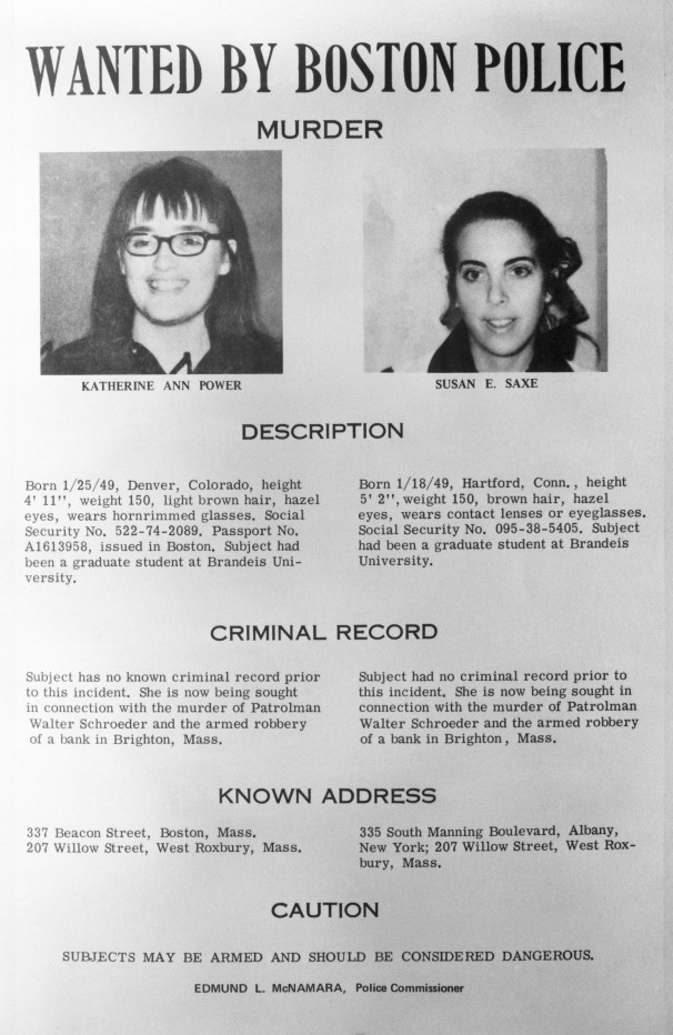 (Original Caption) 10/2/1970- Boston, MA- Katherine Ann Power and Susan E. Saxe are shown pictured in wanted poster issued by Boston Police. Both girls are being sought in connection with the murder of Boston Patrolman Walter Schroeder during the hold-up of a bank in Boston's Brighton section 9/23. The two have been the subject of a nation-wide police search. Four others have been arrested in connection with the robbery.