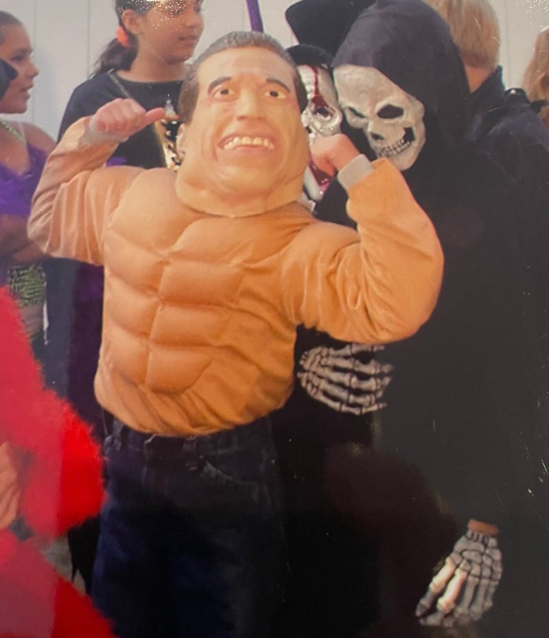 Drew, age 10, dressed like Arnold Schwarzenegger