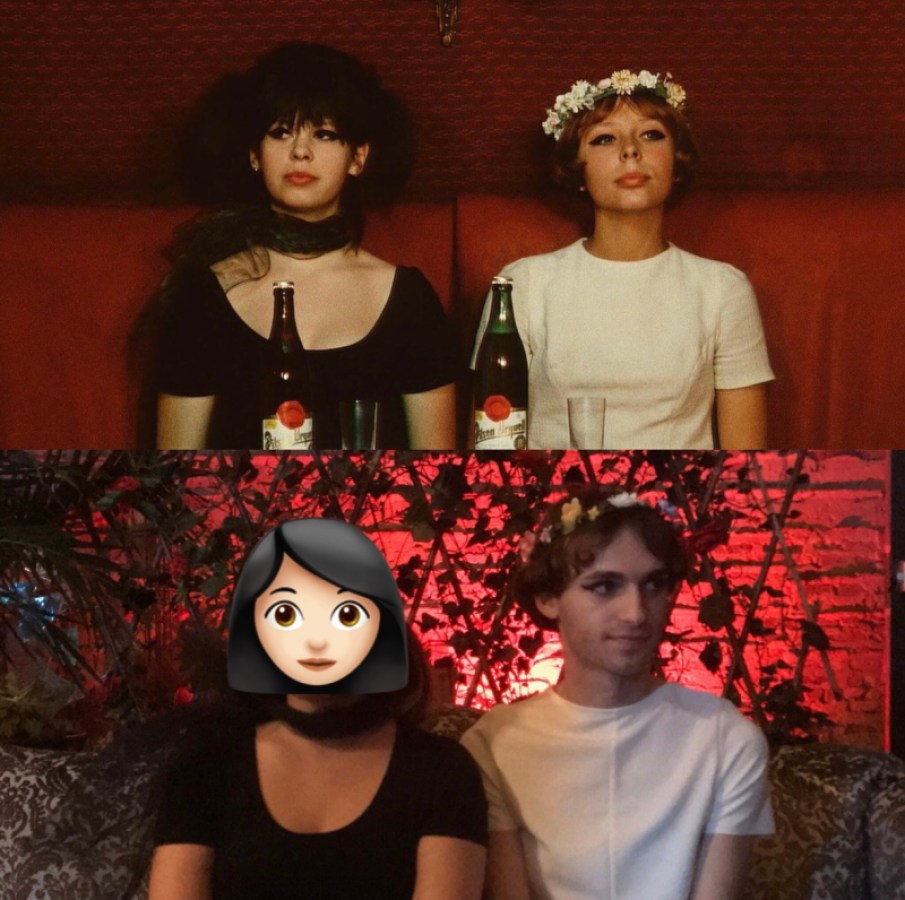 A side by side of Drew and ex (face covered by an emoji) imitating the girls from Daisies.