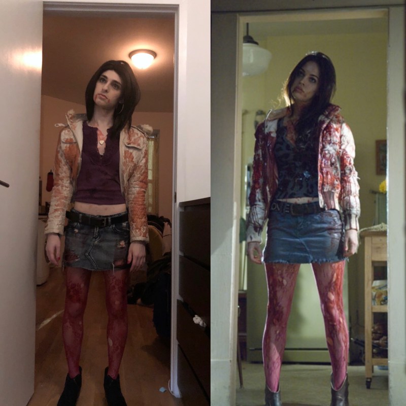 A side by side of Drew dressed like Megan Fox in Jennifer's Body