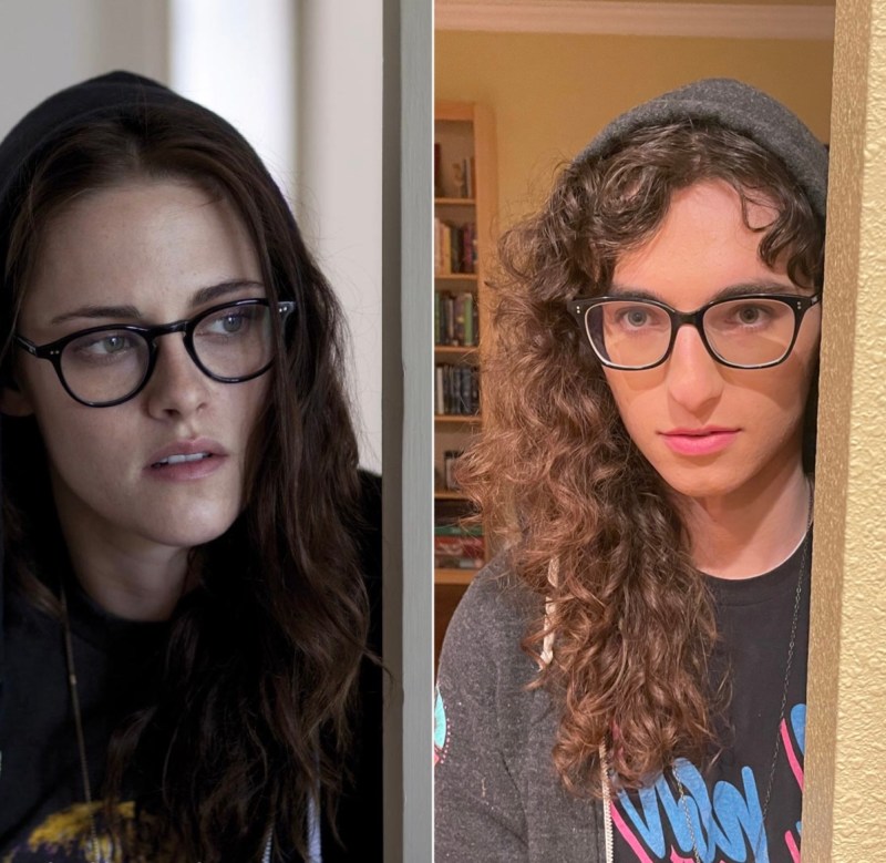 Side by side of Kristen Stewart and Drew standing near doorways with hoods and glasses