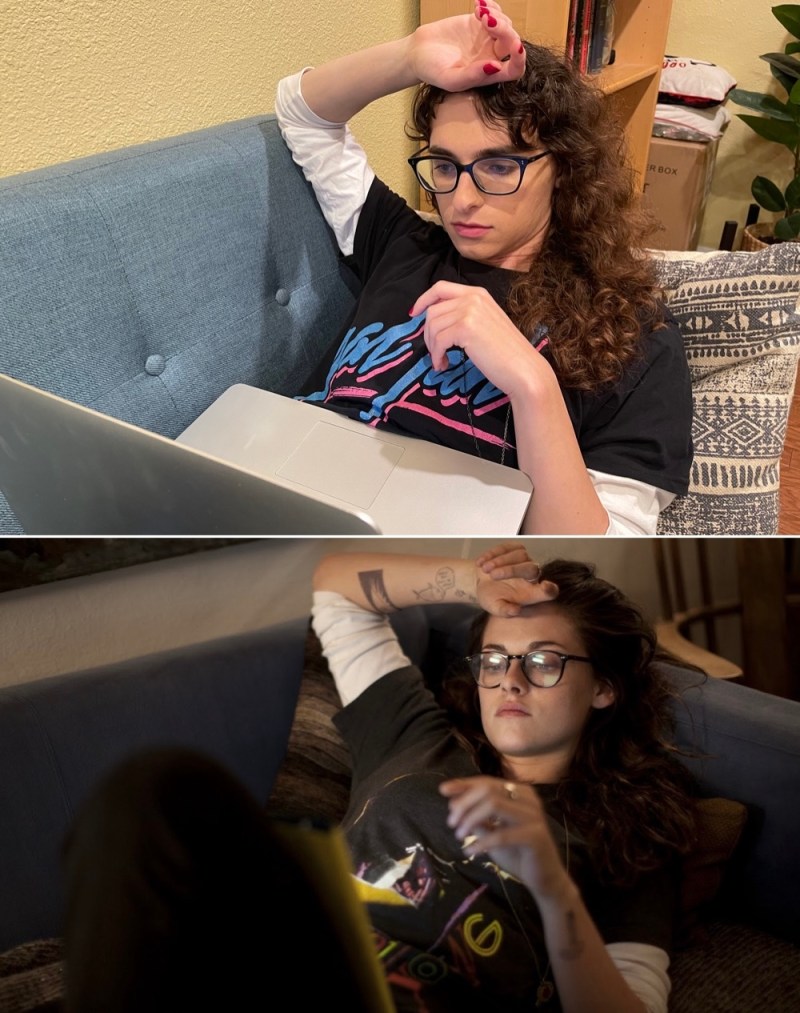 Side by side Drew and Kristen Stewart at laptops with a hand on their foreheads.