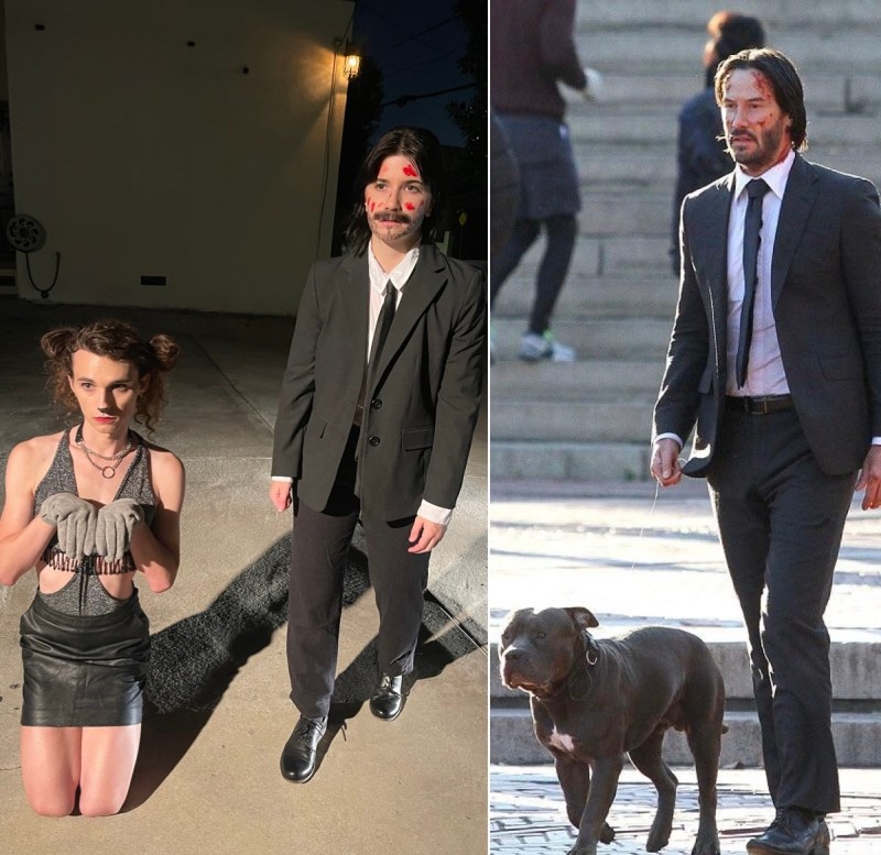 Side by side Drew and Elise and John Wick and his dog