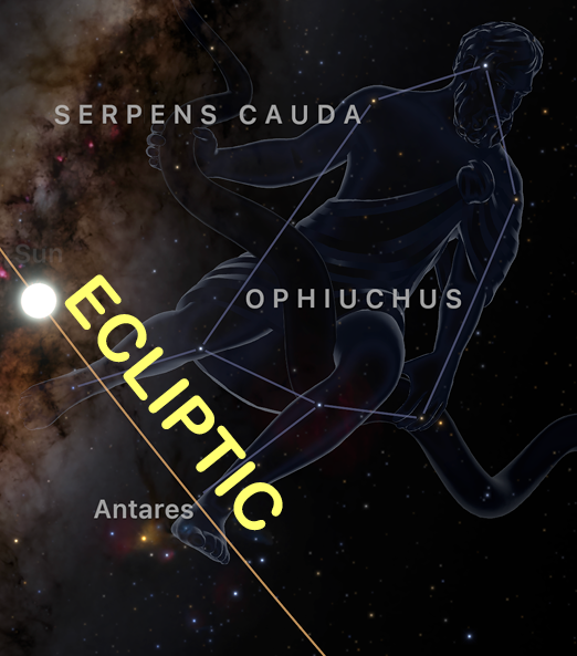 The Ophiuchus constellation in contrast to the ecliptic.