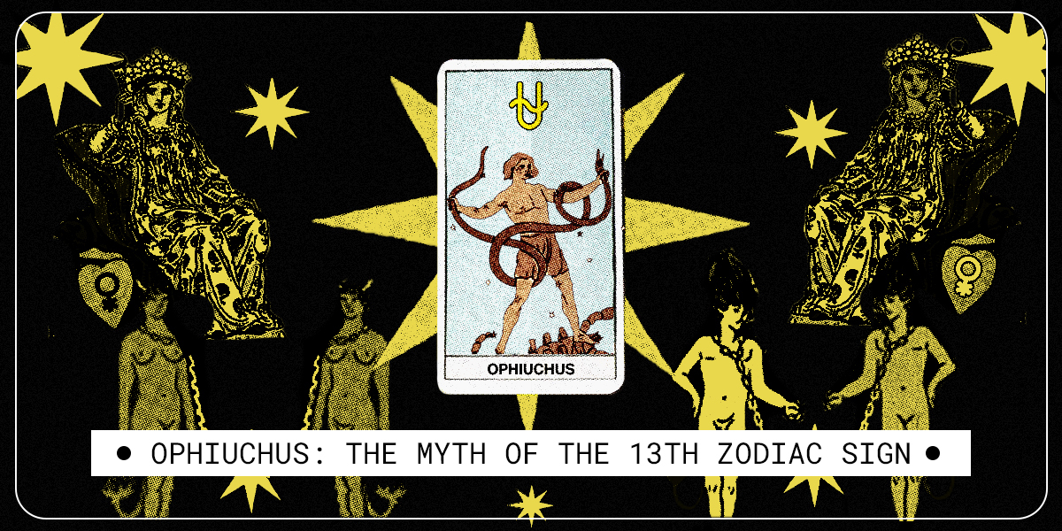 A tarot card representing Ophiuchus above text that says Ophiuchus: The Myth of the 13th Zodiac Sign