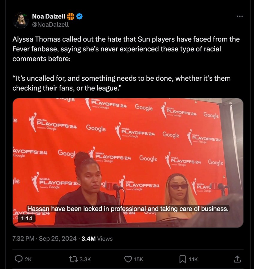 Alyssa Thomas called out the hate that Sun players have faced from the Fever fanbase, saying she’s never experienced these type of racial comments before: “It’s uncalled for, and something needs to be done, whether it’s them checking their fans, or the league.”