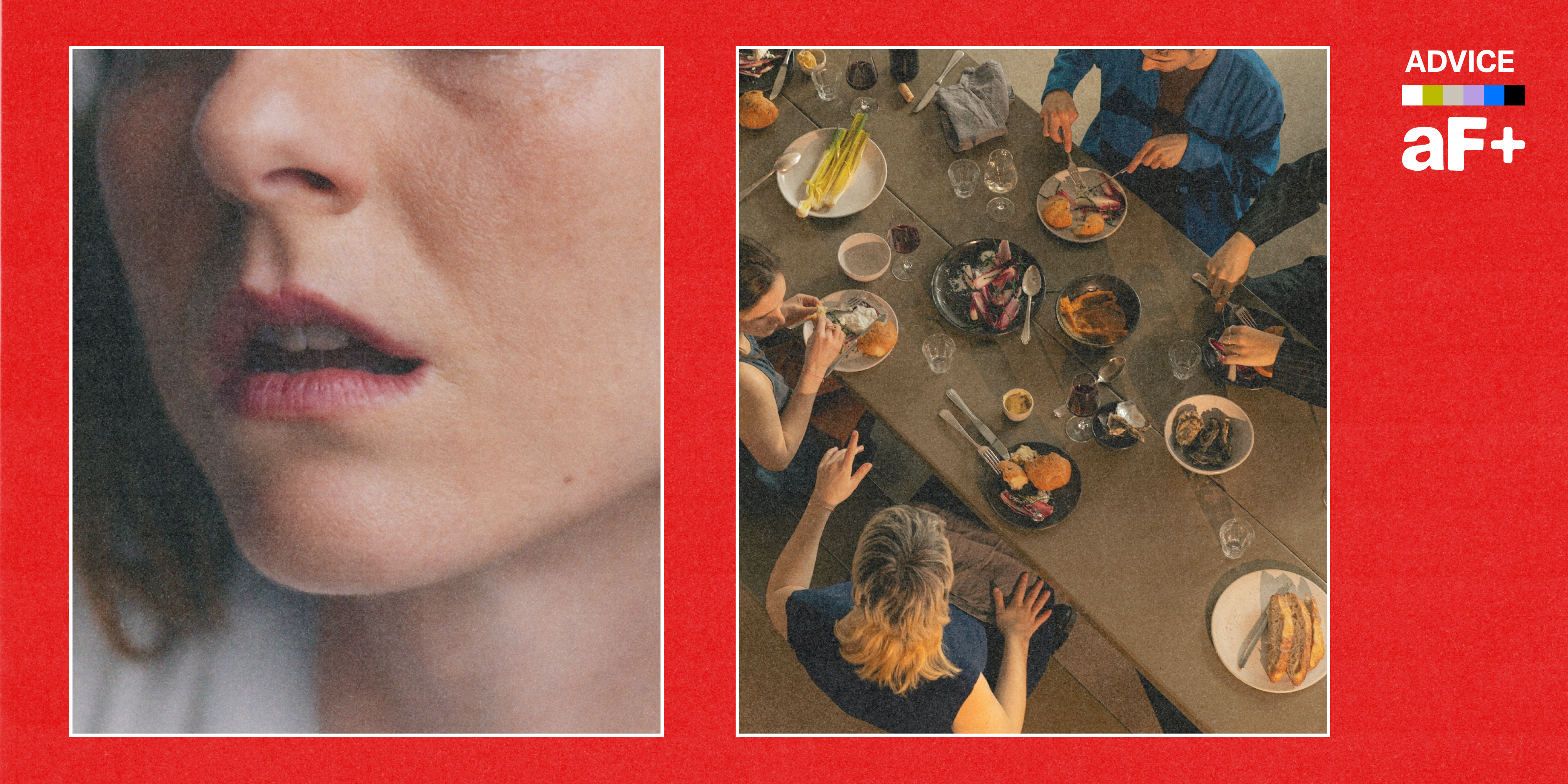 One image shows a person looking distressed and offended, while the second image shows a dinner party from above.