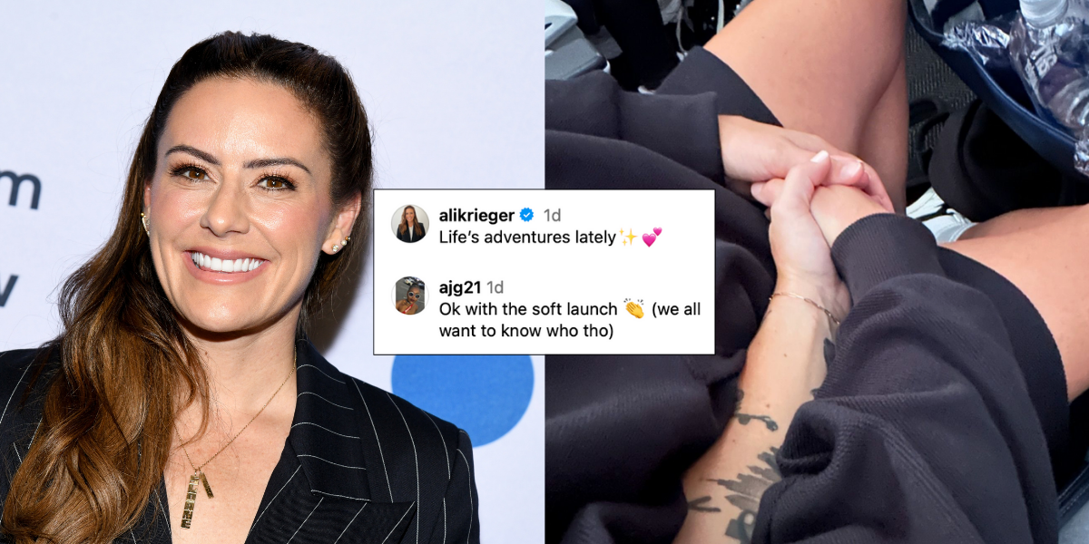 Side by side images of Ali Krieger's face and the photo of Ali Krieger's soft launch of a new girlfriend with a hand holding picture with a screenshot of a comment that says ok with the soft launch