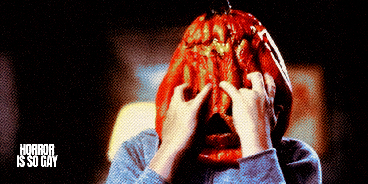 HORROR IS SO GAY: a person peeling off a pumpkin mask