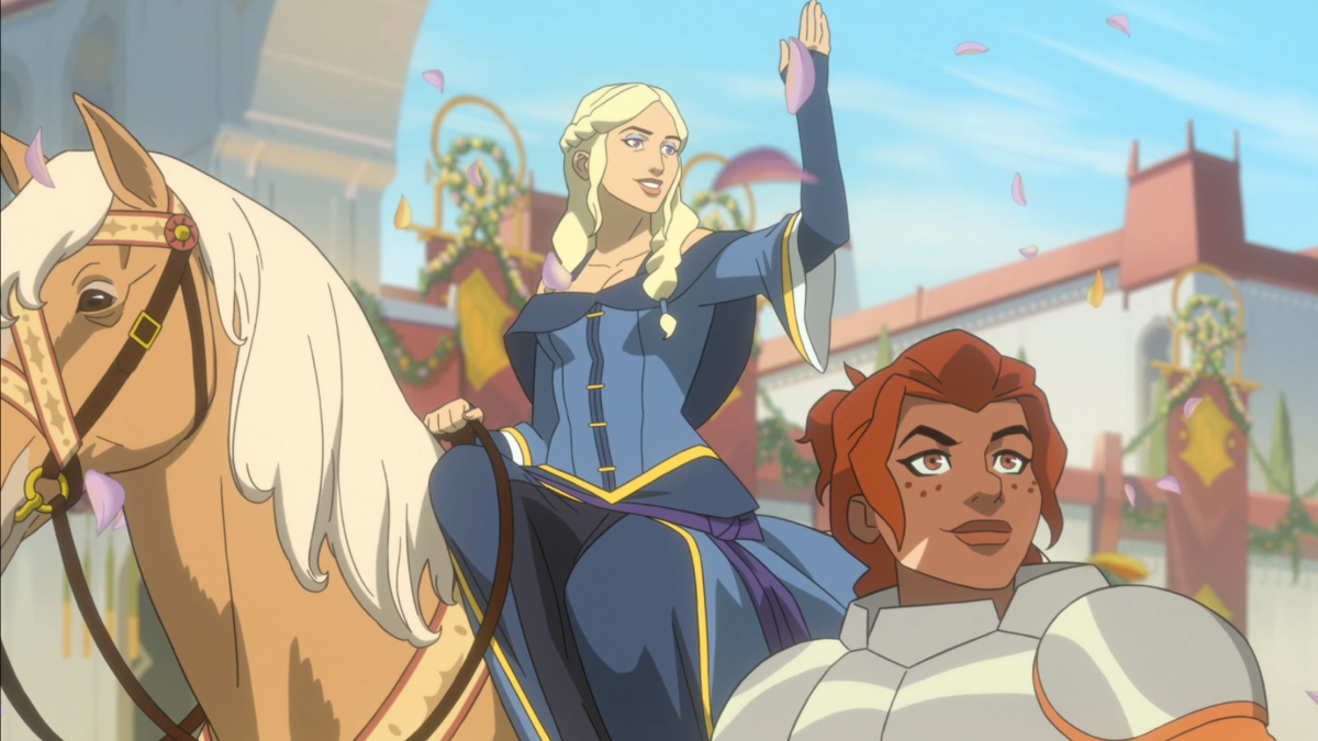 legend of vox machina: allura waves from horseback while kima wlaks proudly beside her