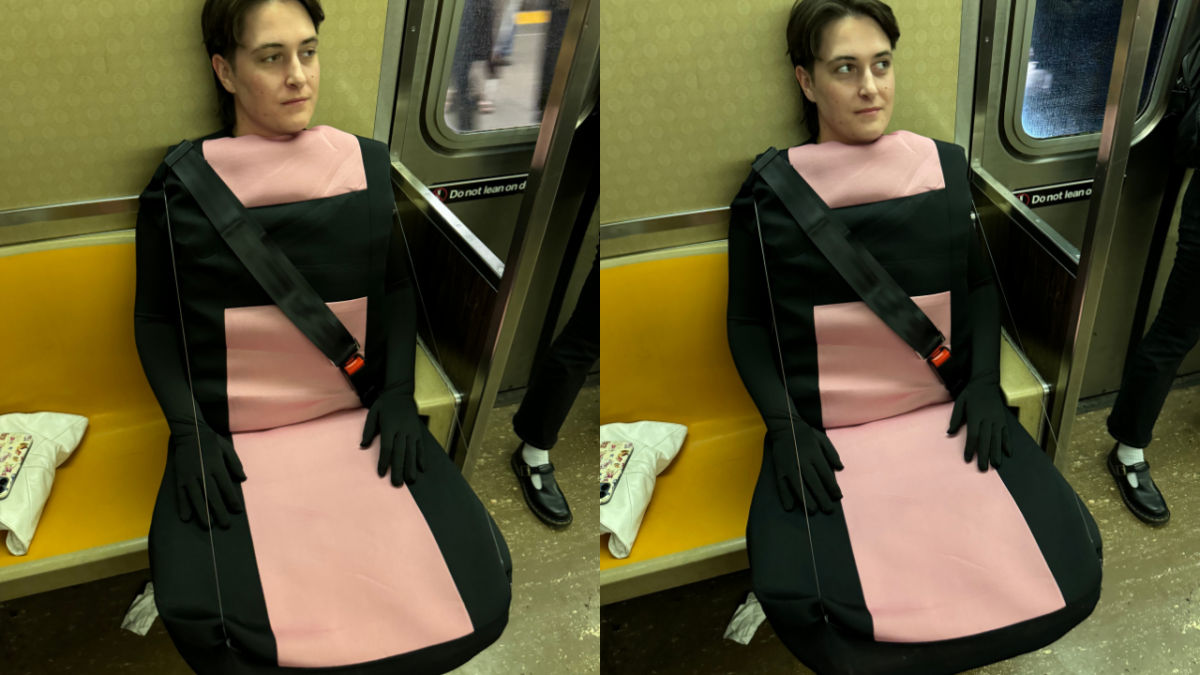 Motti as a passenger seat on the subway for Halloween