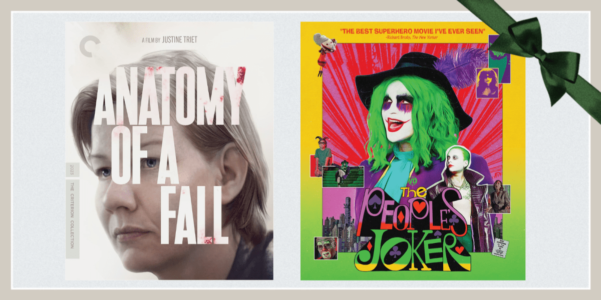 The covers of Anatomy of a Fall and The People's Joker side by side with a green bow in the corner.