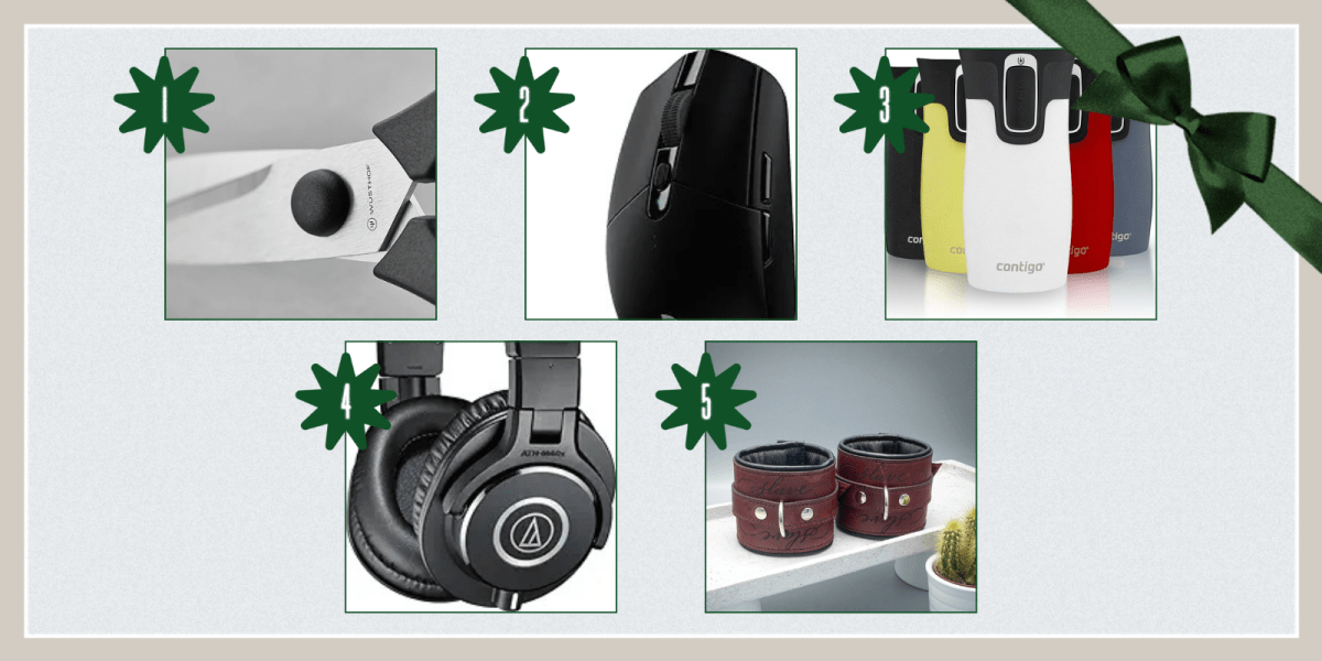 1. WÜSTHOF Come Apart Kitchen Shears ($25)2. Logitech G305 LIGHTSPEED Wireless Gaming Mouse ($30) 3. Contigo Autoseal Vacuum Flask ($29) 4. Audio Technica ATH-M40x ($79) 5. WWF Symbolic Adoption Animal Plushies ($60) 6. Penumbra Austria Handmade Leather BDSM Cuffs ($94)