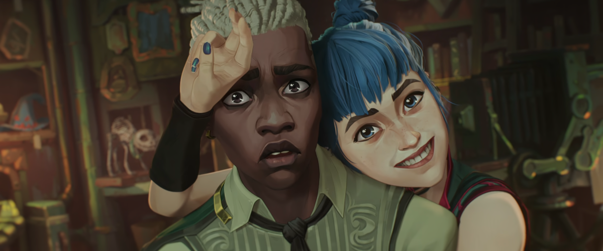 Powder throws her arm around a confused Ekko