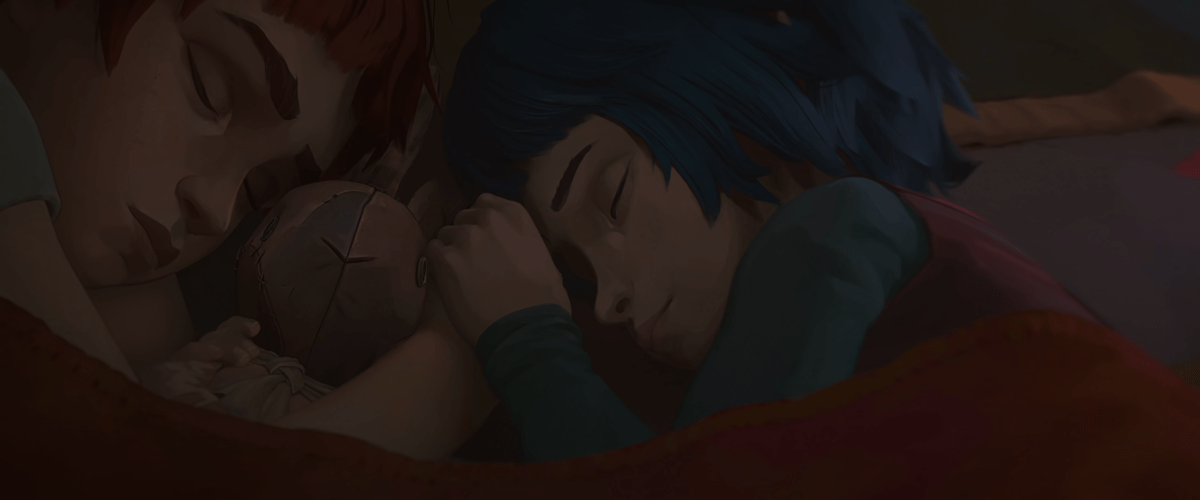 Young Vi and Powder holding hands while they sleep, their bunny between them