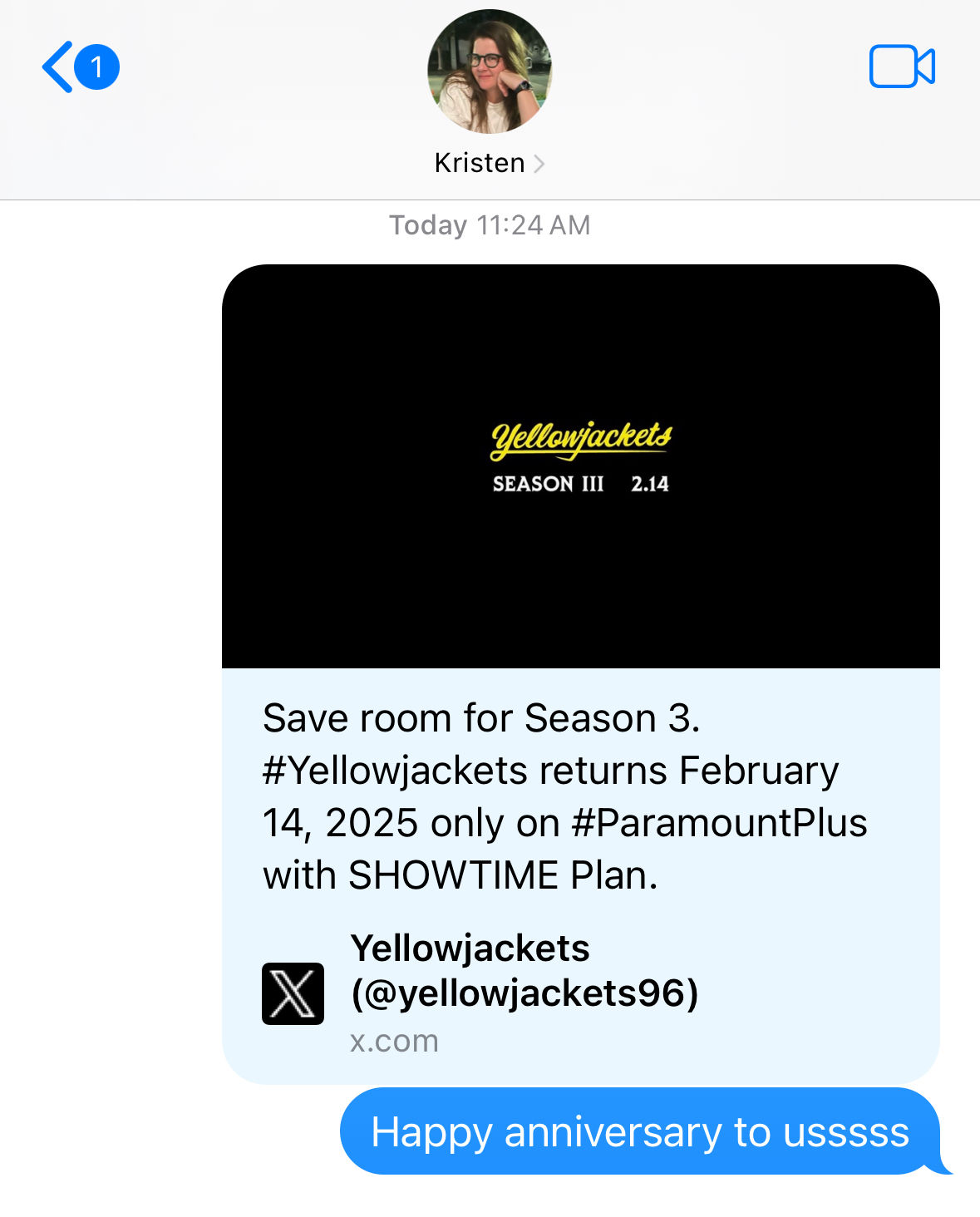 Kayla telling Kristen "happy anniversary" with the Yellowjackets teaser.