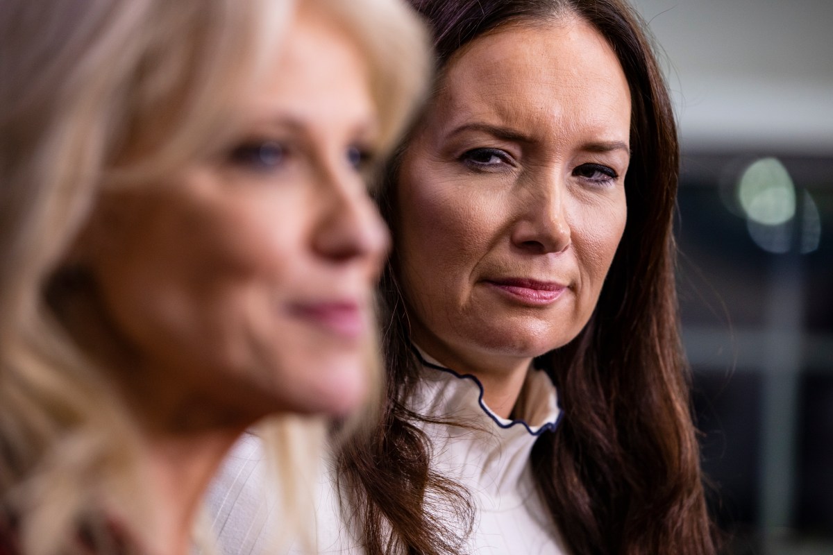 WASHINGTON, DC - DECEMBER 16: Brooke Rollins, Assistant to the President for Strategic Initiatives, listens as Kellyanne Conway, Counselor to the President of the United States and White House Advisor, answers questions after an on-camera interview at the White House on December 16, 2019 in Washington, DC. Conway criticized former FBI Director James Comey and defended President Trump against Democrats in the Impeachment proceedings during the interview. (Photo by Samuel Corum/Getty Images)