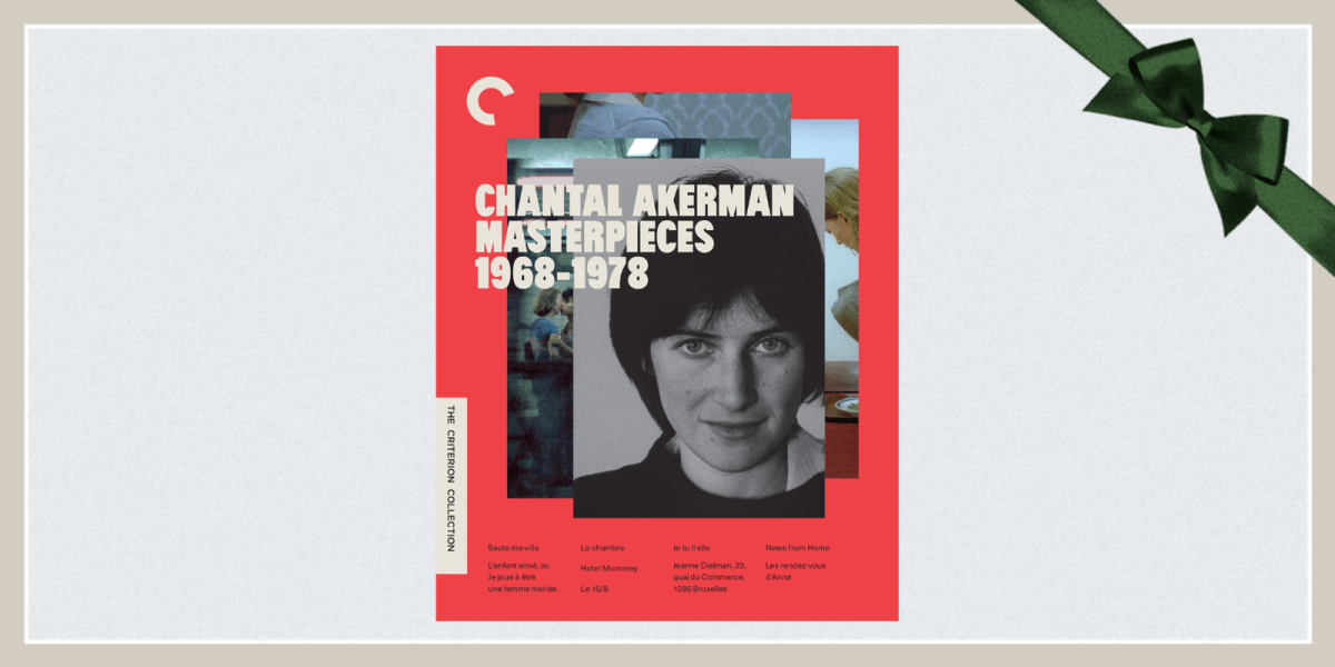 The Blu-Ray cover of Chantal Akerman Masterpieces with a green ribbon in the corner.