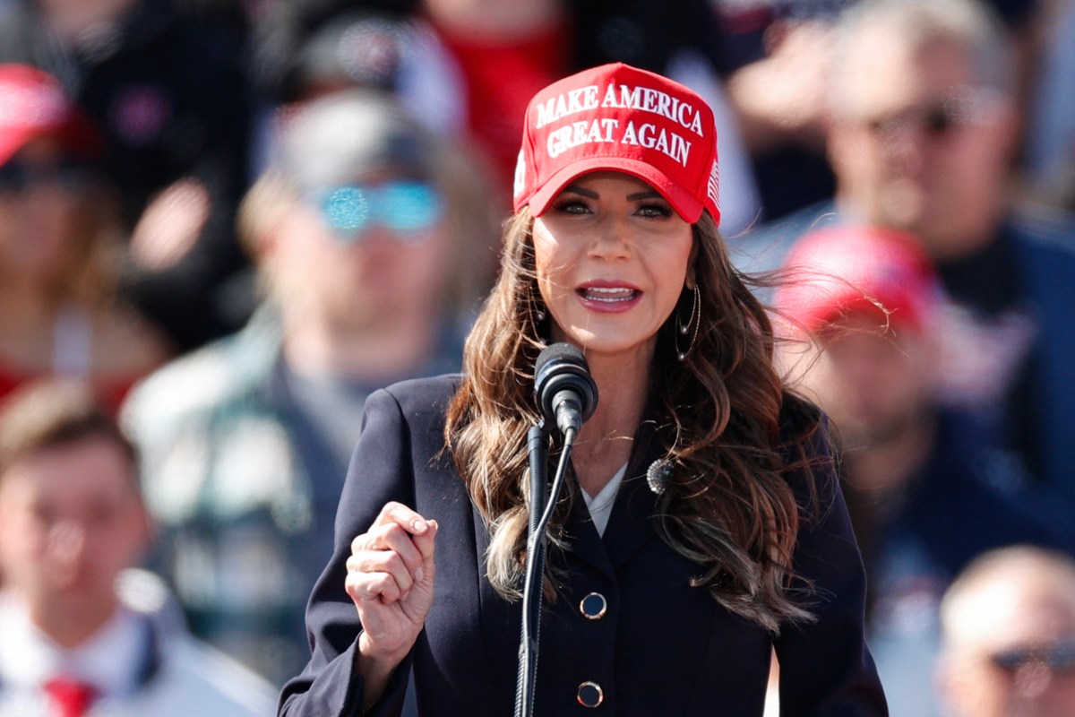 South Dakota Governor Kristi Noem speaks before former US President and Republican presidential candidate Donald Trump takes the stage during a Buckeye Values PAC Rally in Vandalia, Ohio, on March 16, 2024. (Photo by KAMIL KRZACZYNSKI / AFP) (Photo by KAMIL KRZACZYNSKI/AFP via Getty Images)