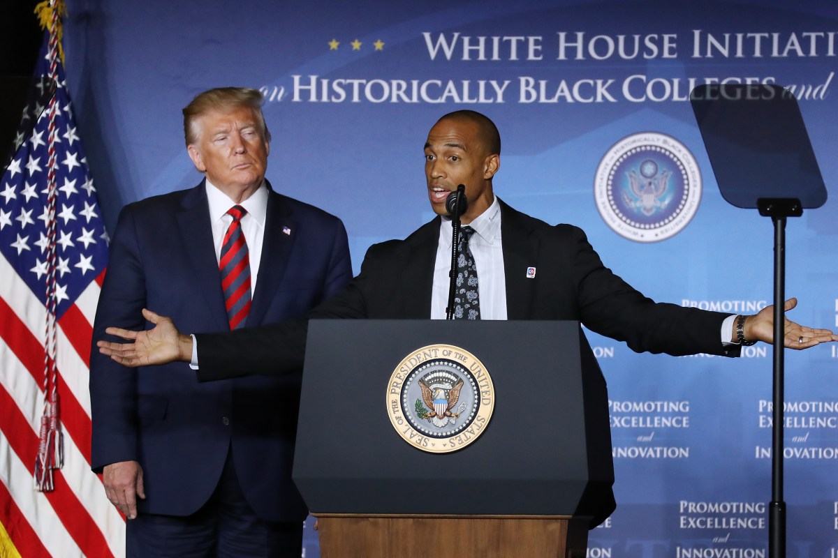 WASHINGTON, DC - SEPTEMBER 10: White House Opportunity and Revitalization Council Executive Director Scott Turner (R) speaks at the invitation of U.S. President Donald Trump during the National Historically Black Colleges and Universities Week Conference at the Renaissance Hotel September 10, 2019 in Washington, DC. Earlier in the day Trump fired his National Security Advisor John Bolton. (Photo by Chip Somodevilla/Getty Images)