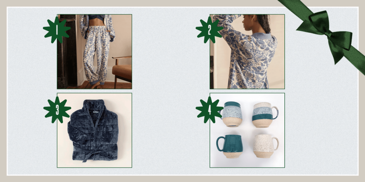 1. Quilted Pajama Pants ($138)2. Quilted Pajama Top ($148) 3. Weighted Relaxation Robe ($200) 4. Set of Ceramic Mugs ($164)