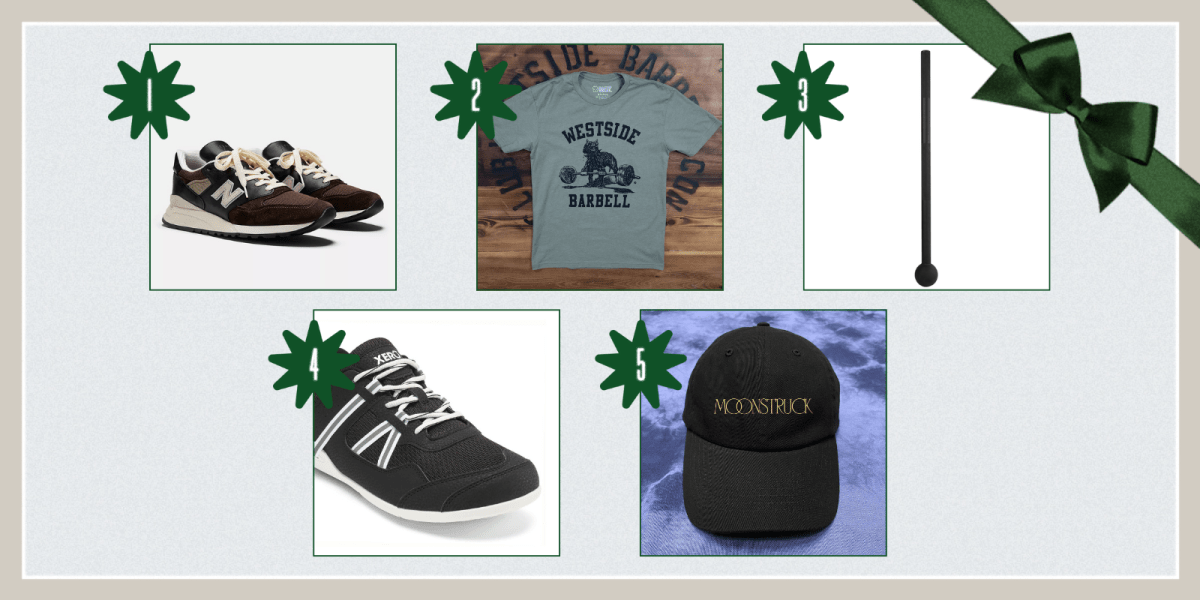 1. New Balance Made in USA 998 in Black with Sea Salt ($220)2. Westside Barbell Classic T-Shirt in Olive Drab and Black ($21) 3. Steel Mace Bells in 7 lbs and 10 lbs ($34+) 4. Xero Prio Shoes in Black ($54+) 5. Human Boy Worldwide Moonstruck Hat ($30)