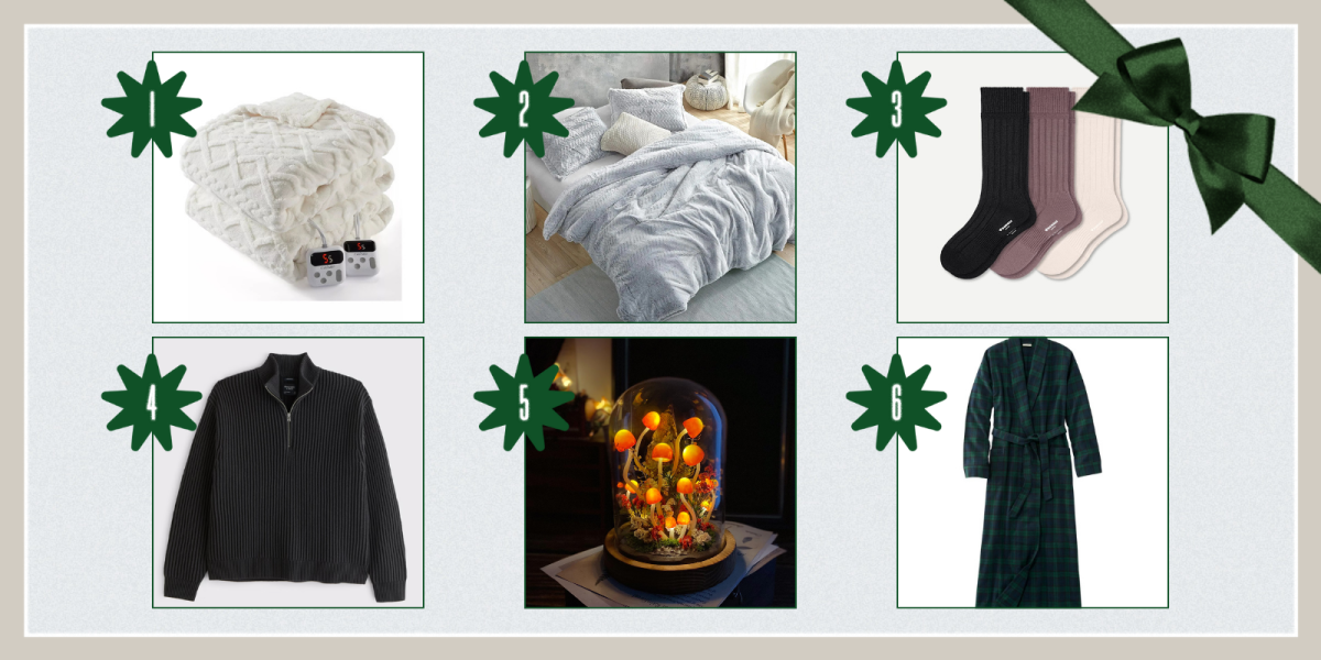 1. Heated Blanket ($80)2. Oversized Comforter Set ($95) 3. Three-Pack of Merino/Cashmere Blend Socks ($96) 4. Oversized Quarter-Zip Sweater ($60) 5. Mushroom Lamp ($69+) 6. Flannel Robe ($89)