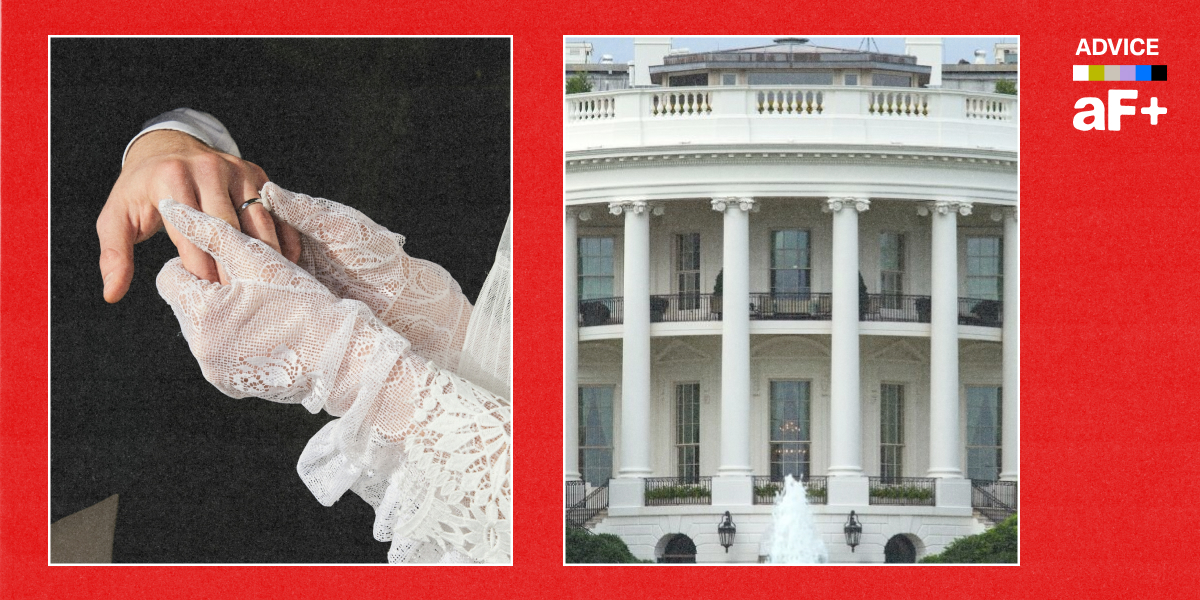 One picture shows a couple's hands during a wedding ceremony, the other is a shot of the White House