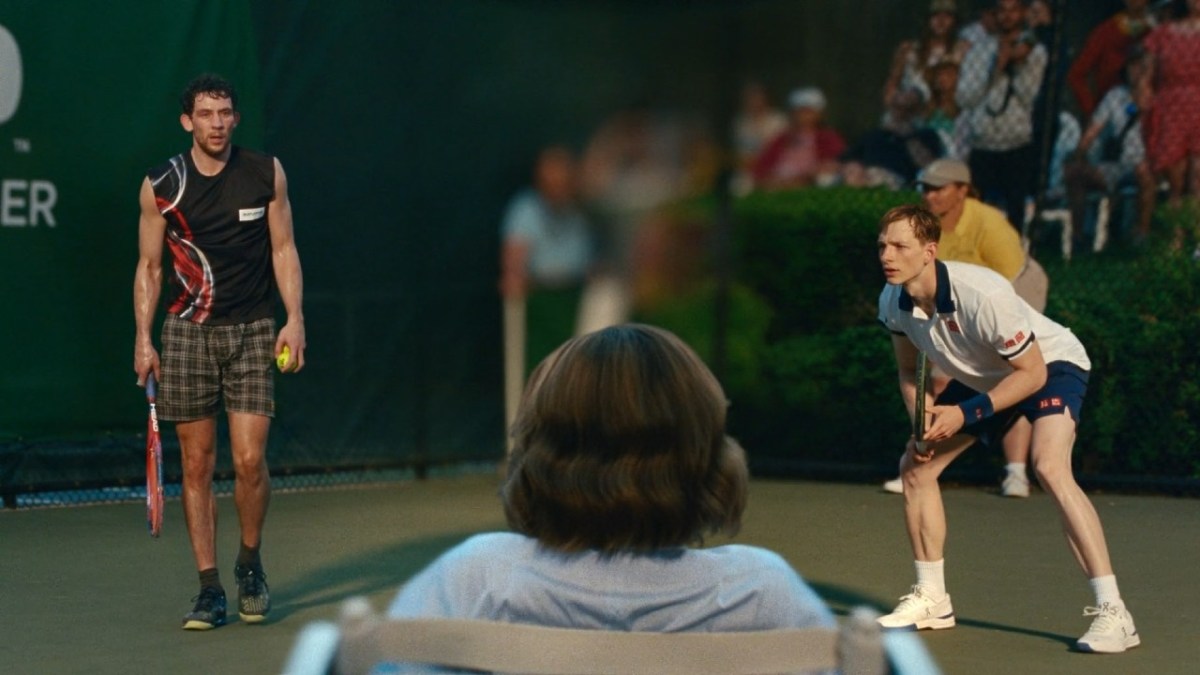 The back of Zendaya's head in the middle of images of Josh O'Connor and Mike Faist on the tennis court in Challengers, the best queer movie of 2024.