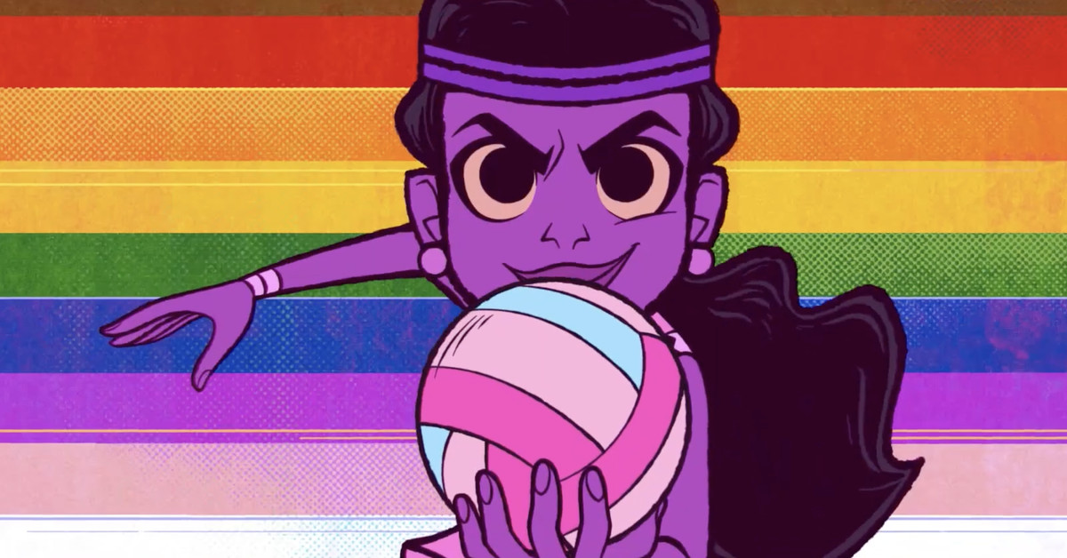 A girl holds a trans flag volleyball in front of a pride flag background