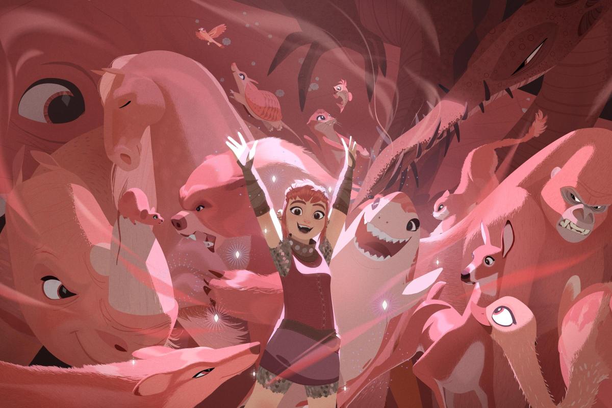 Nimona lfits her hands in the air surrounded by pink animals.