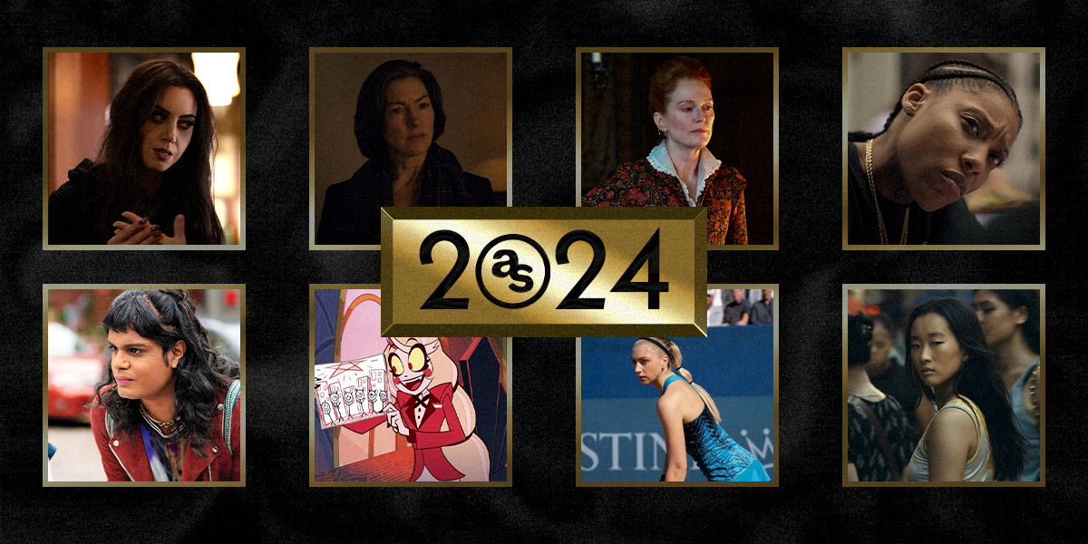 Autostraddle’s Favorite Lesbian, Bisexual, and Trans TV Characters of 2024 - a collage of characters with a gold 2024 in the middle