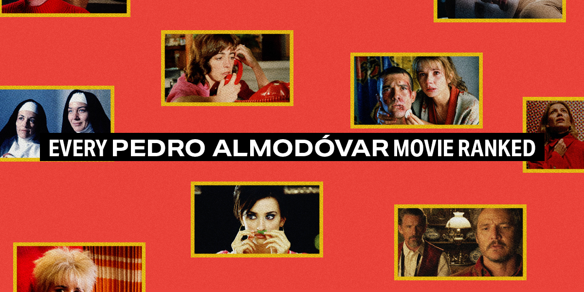 Every Pedro Almod?var movie ranked text against a red backdrop with a collage of movie stills.