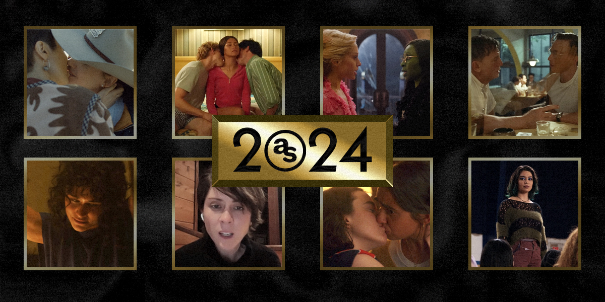 A collage of queer movie scenes with a gold 2024 in the middle.