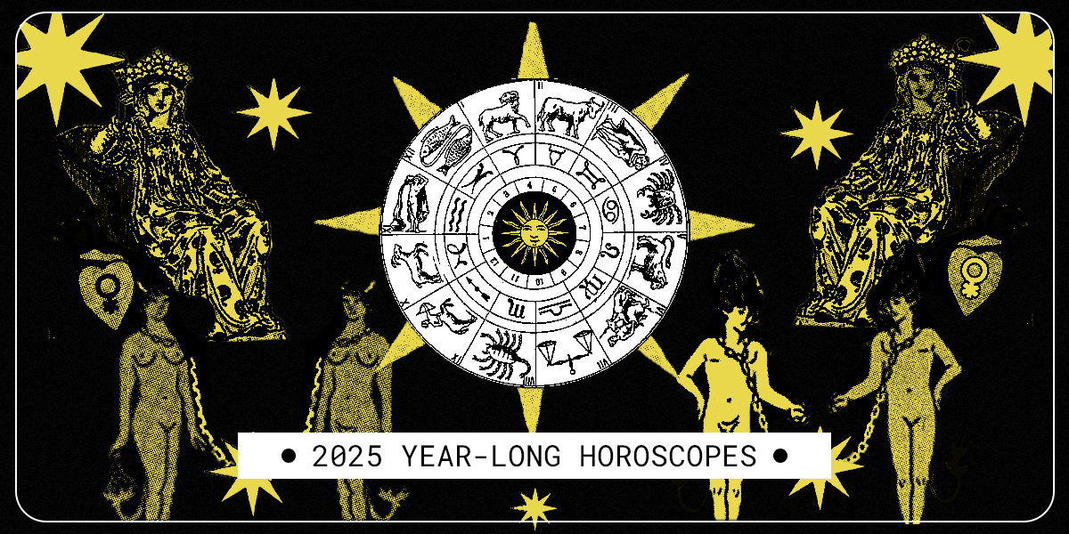 A collage with the zodiac wheel in the center and 2025 year-long horoscopes underneath