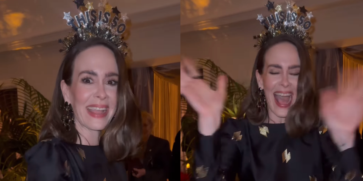 Sarah Paulson wearing a headband that says THIS IS 50 at her 50th birthday