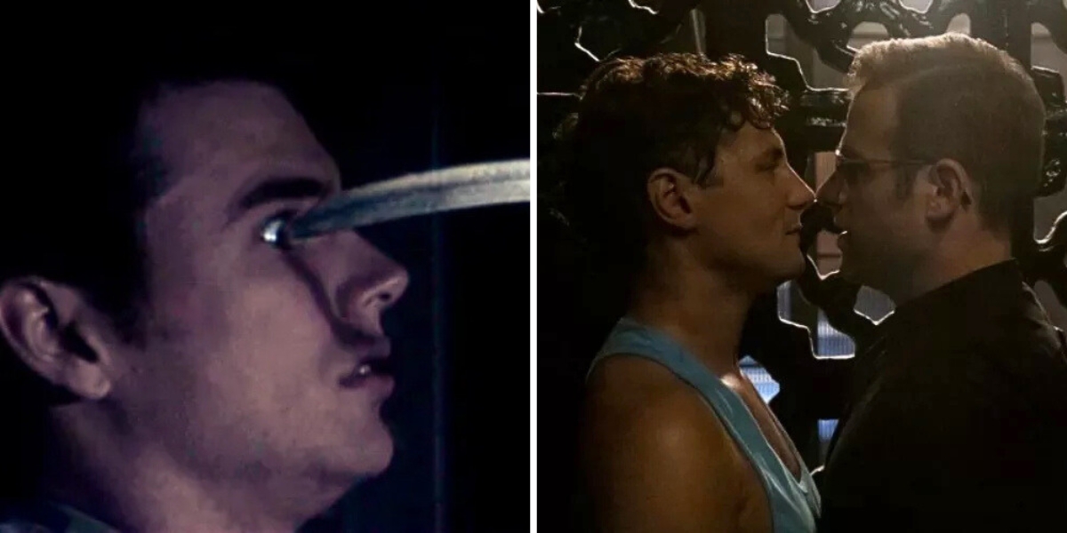 The best gay male movies of all time: Side by side images of a man getting his eye nearly gouged in Hellbent and two men almost kissing in Midnight Kiss.